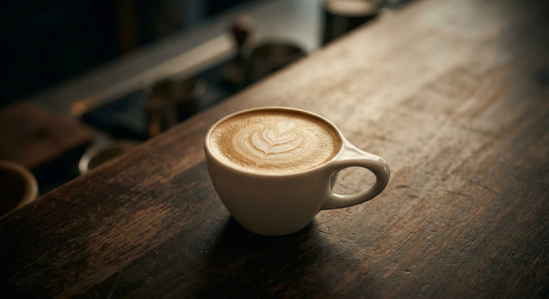 Flat white coffee in a small white ceramic tulip cup showing thin velvety microfoam layer and subtle rosette latte art — authentic Australian flat white