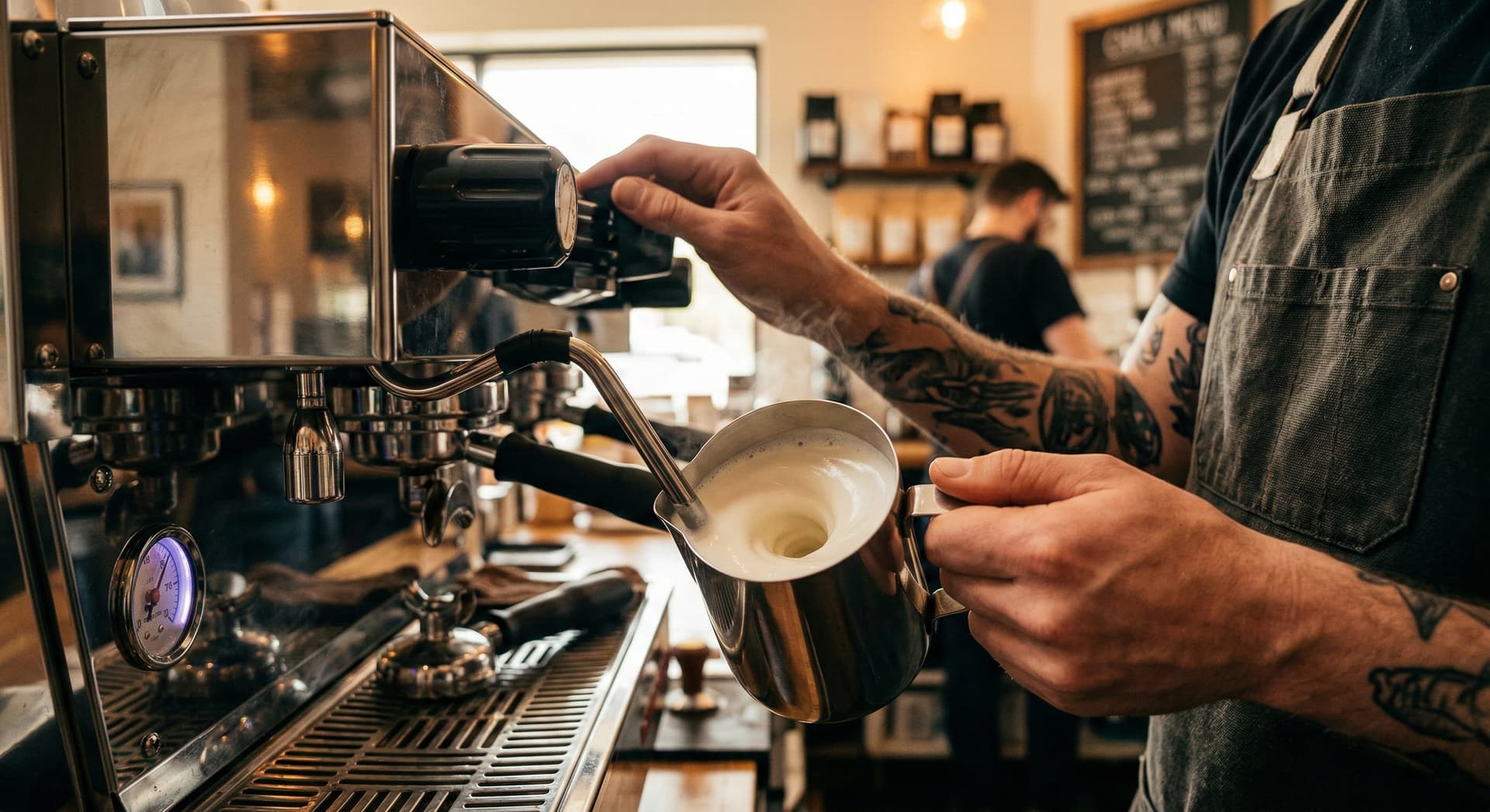 Barista steaming milk in a small stainless pitcher showing the vortex swirl technique for flat white microfoam — steam wand positioned correctly for minimal aeration