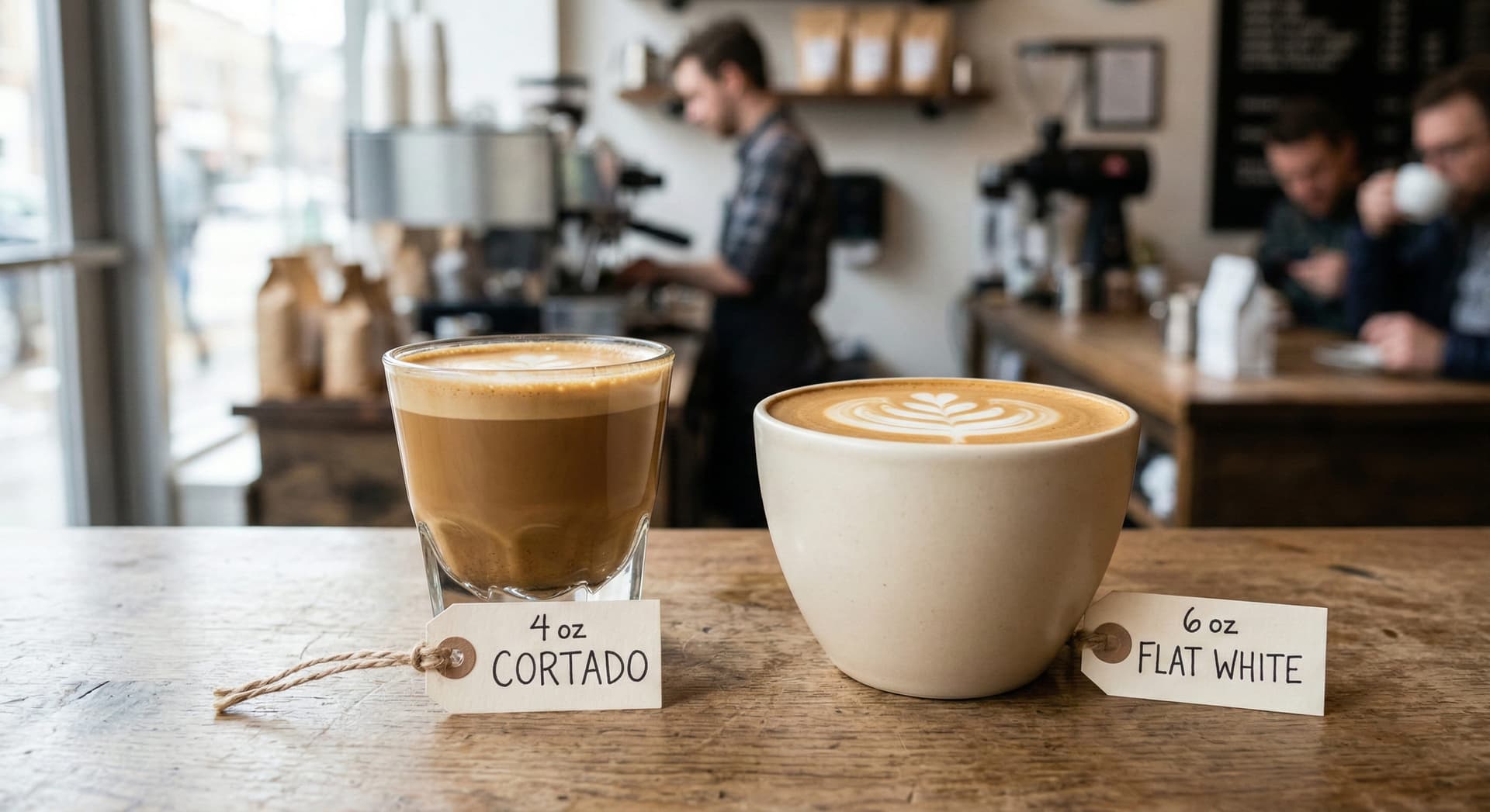Side-by-side comparison of a 4 oz cortado in a clear Gibraltar glass (left) and a 6 oz flat white in a ceramic tulip cup (right) showing size and style differences