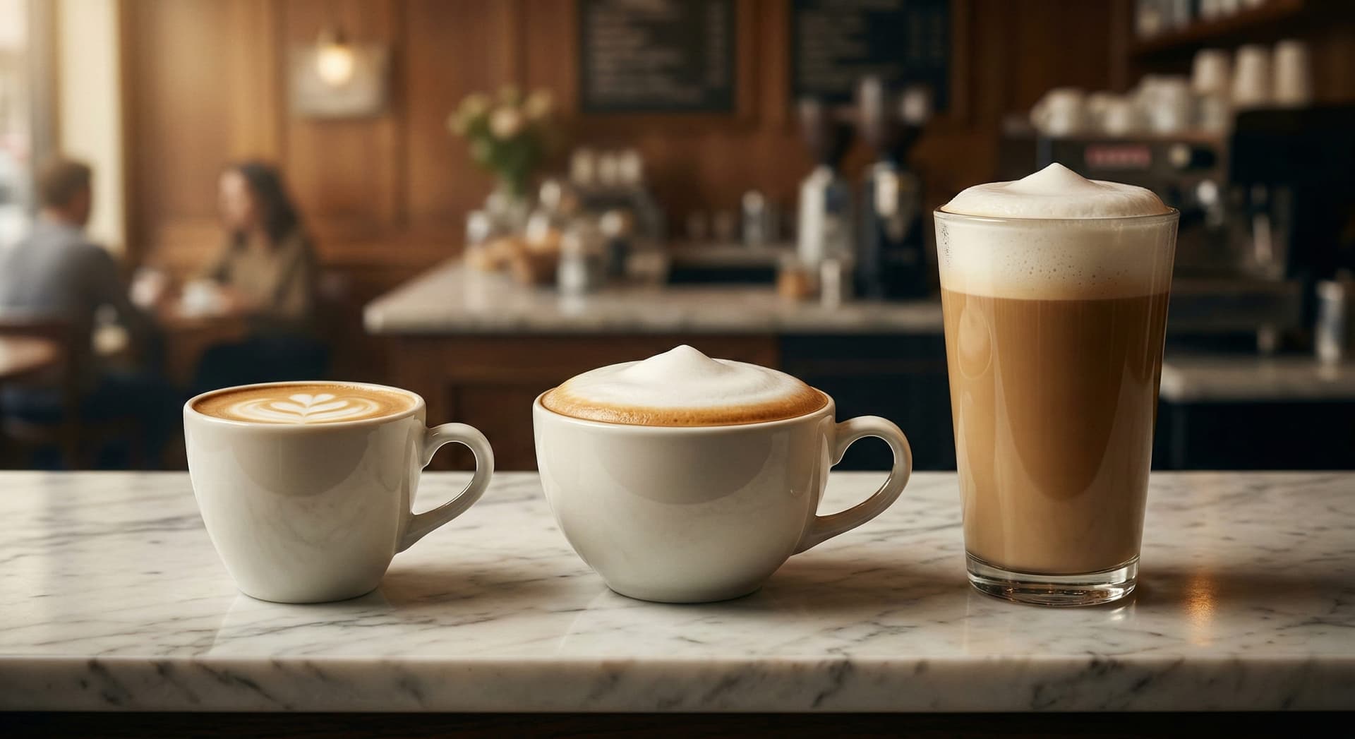 Three espresso milk drinks side by side — flat white in small ceramic cup, cappuccino with foam dome in wide cup, and latte in tall glass — showing size and foam differences