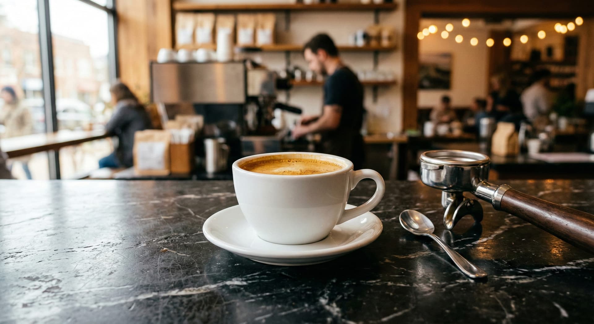 Lungo espresso in a white ceramic cup showing golden crema layer — the long espresso shot pulled to a 1:3 brew ratio on a dark café counter