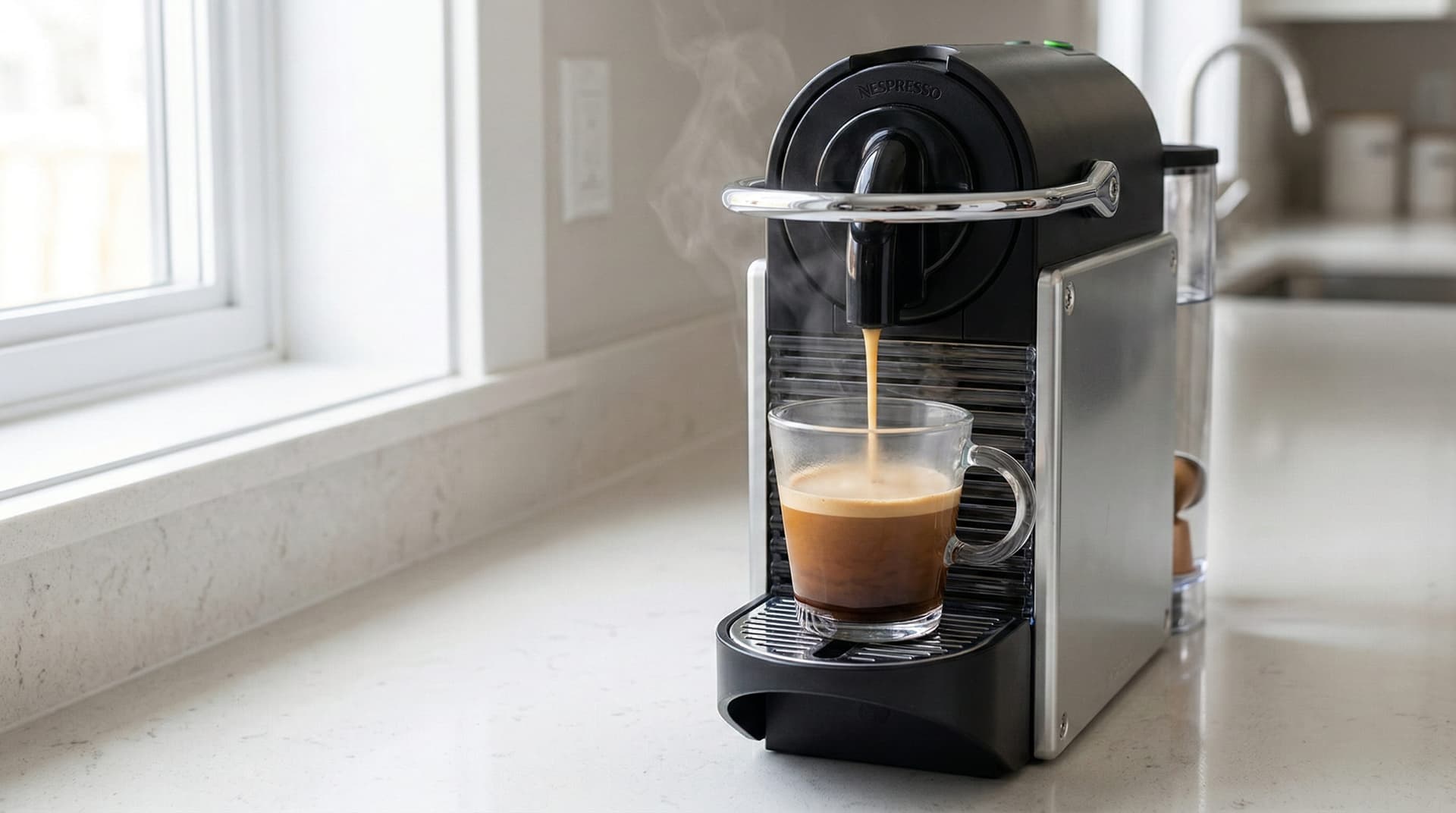 Nespresso lungo being prepared — lungo button selected on Nespresso machine dispensing long espresso shot into a medium-sized cup