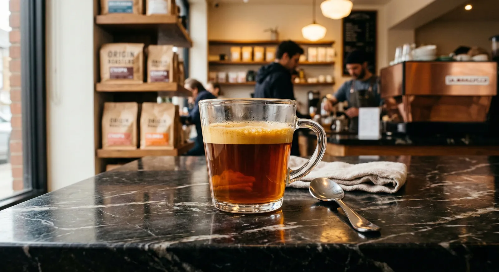 Lungo in a clear glass cup on a dark marble café counter