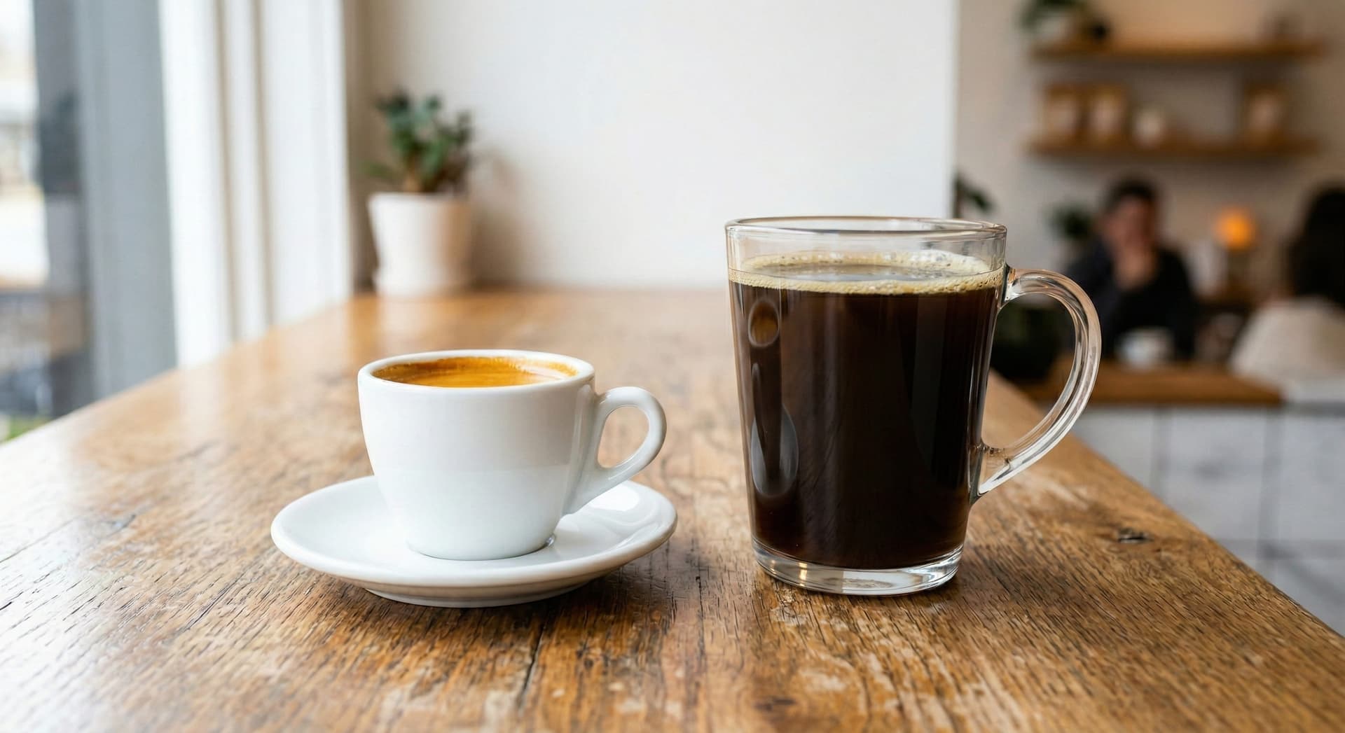 Lungo vs americano: lungo in a small ceramic cup versus americano in a larger glass — long espresso shot versus diluted espresso showing volume and color difference