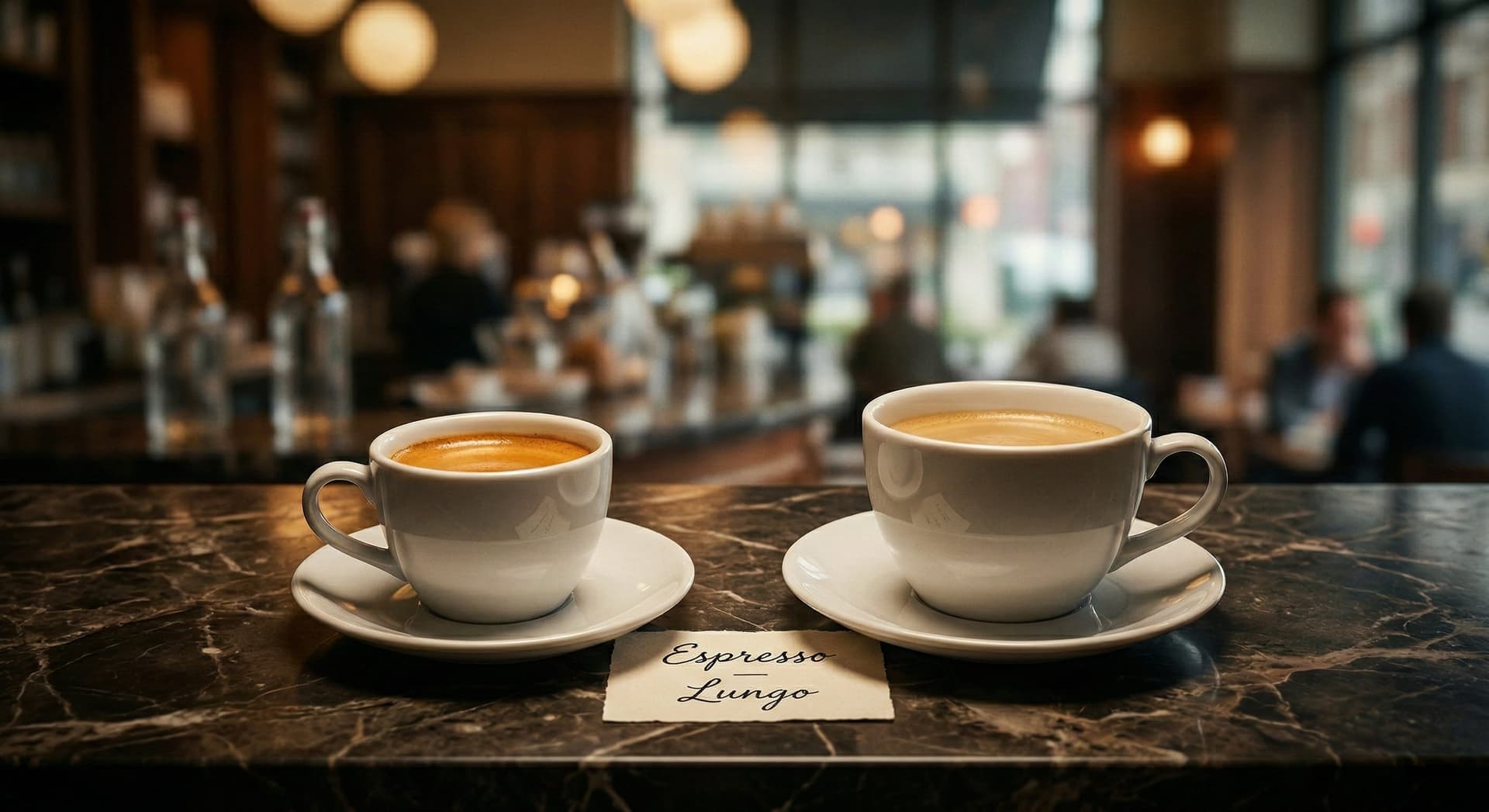Lungo vs espresso comparison: two white ceramic cups showing larger lungo volume and thinner crema next to a standard double espresso — long espresso shot vs standard shot