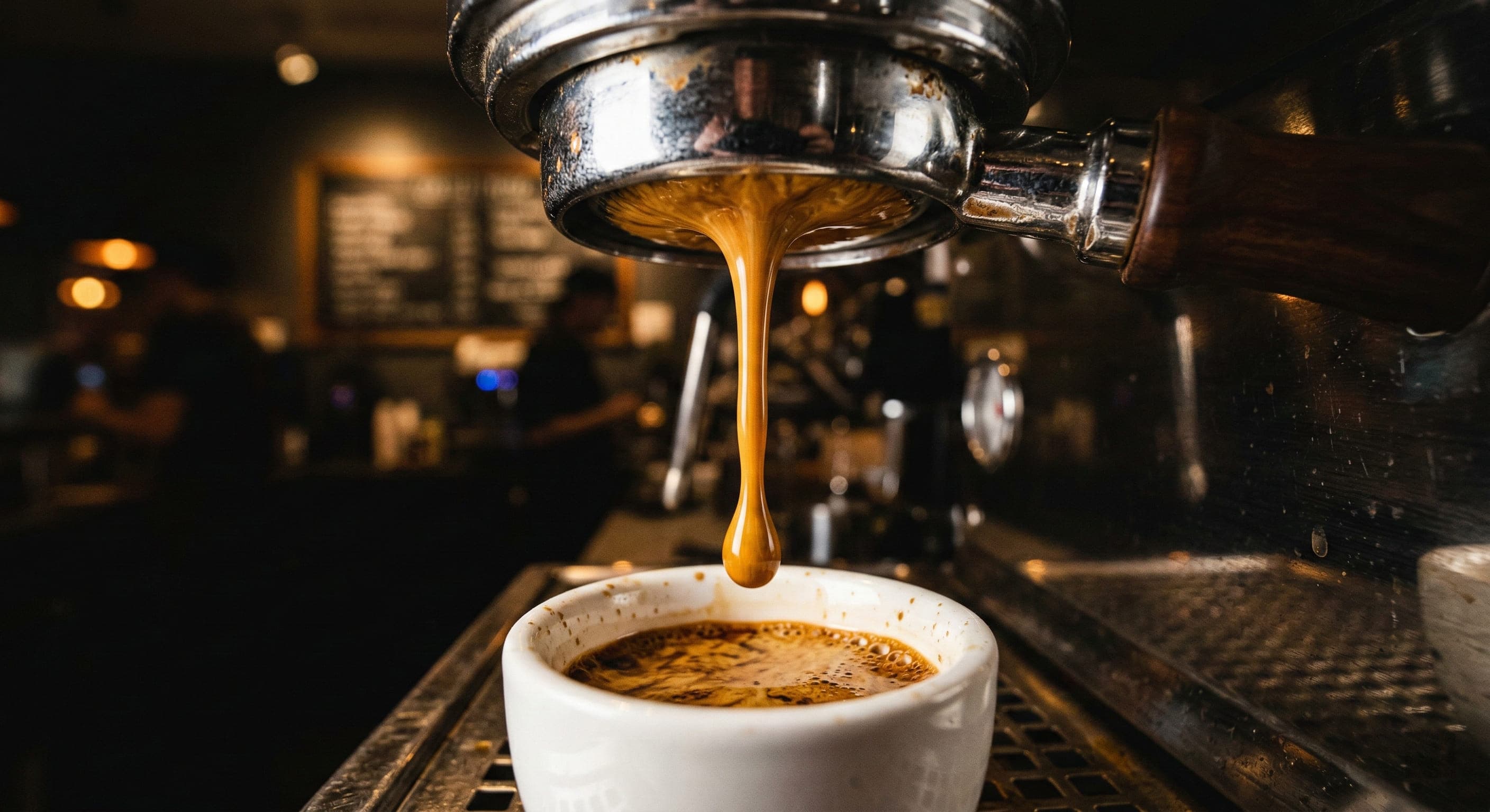 Ristretto extraction in progress — thick honey-like espresso stream from portafilter into a white demitasse, showing the short concentrated espresso shot pull