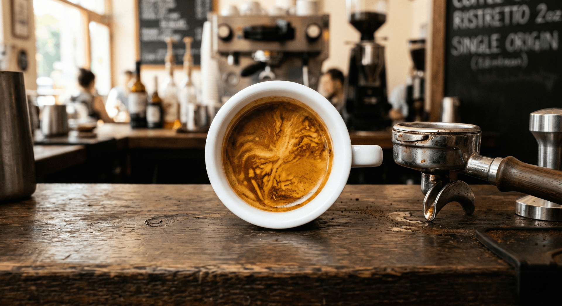 Ristretto shot in a small white ceramic demitasse cup showing thick tiger-striped crema — the concentrated espresso short shot