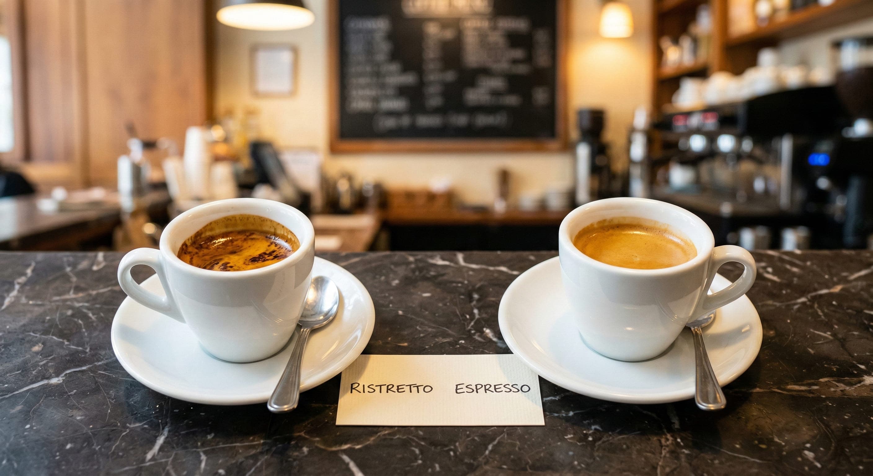 Ristretto vs espresso side-by-side comparison: two white demitasse cups showing smaller ristretto volume next to standard double espresso — concentrated espresso shot difference