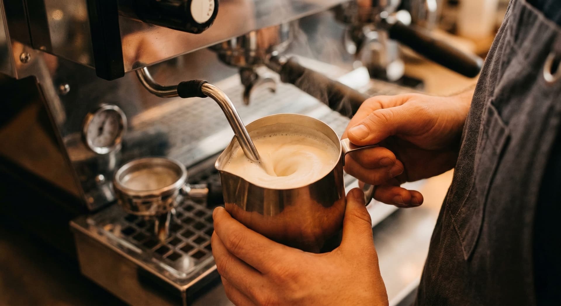 Barista steaming milk for a cappuccino — steam wand positioned in milk pitcher creating rolling vortex for thick cappuccino foam, professional espresso machine in background