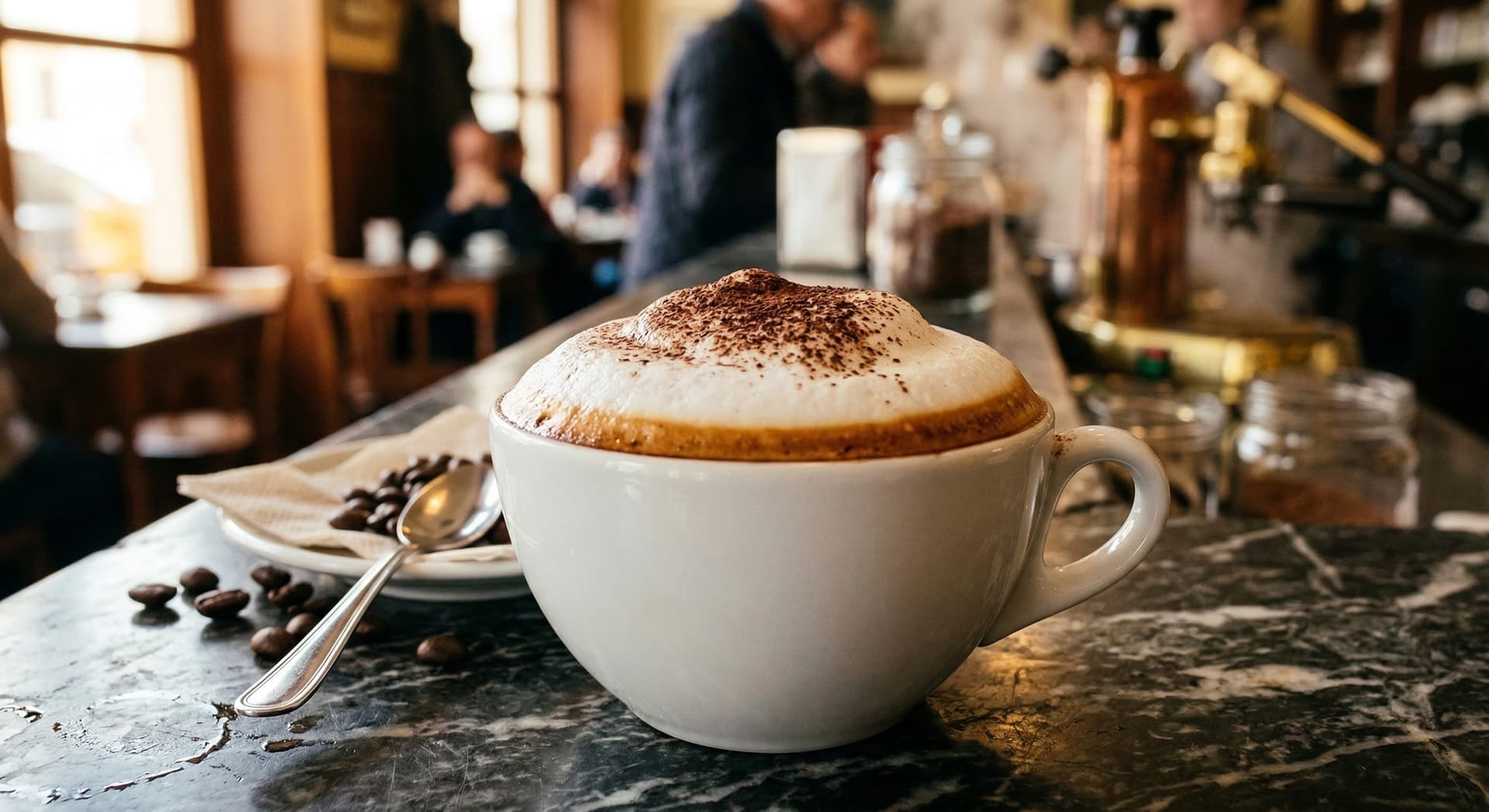 Traditional Italian cappuccino in a wide-mouth white porcelain cup with thick domed milk foam cap — the classic espresso drink with 1:1:1 cappuccino ratio