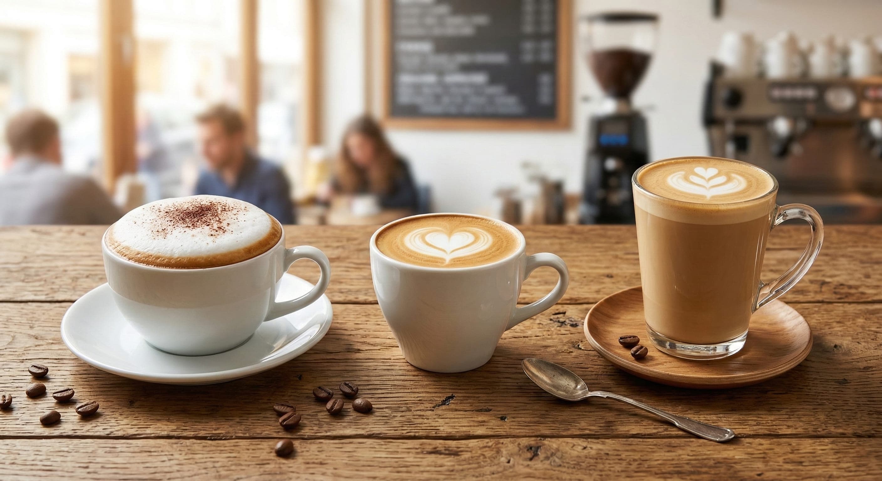 Cappuccino vs latte vs flat white comparison — three espresso drinks side by side showing different cappuccino foam ratio, flat white microfoam, and latte milk texture differences