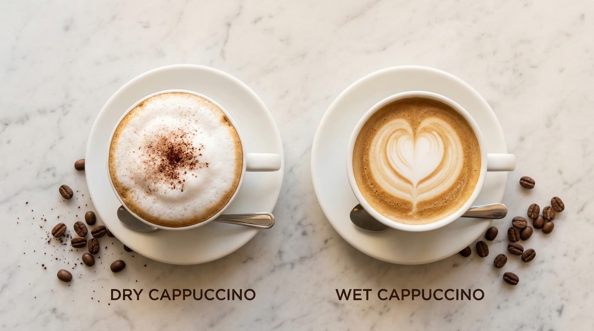 Dry cappuccino vs wet cappuccino comparison — two white porcelain cups showing different milk foam levels, dry cappuccino with taller foam dome on left, wet cappuccino with lower foam and more visible milk on right