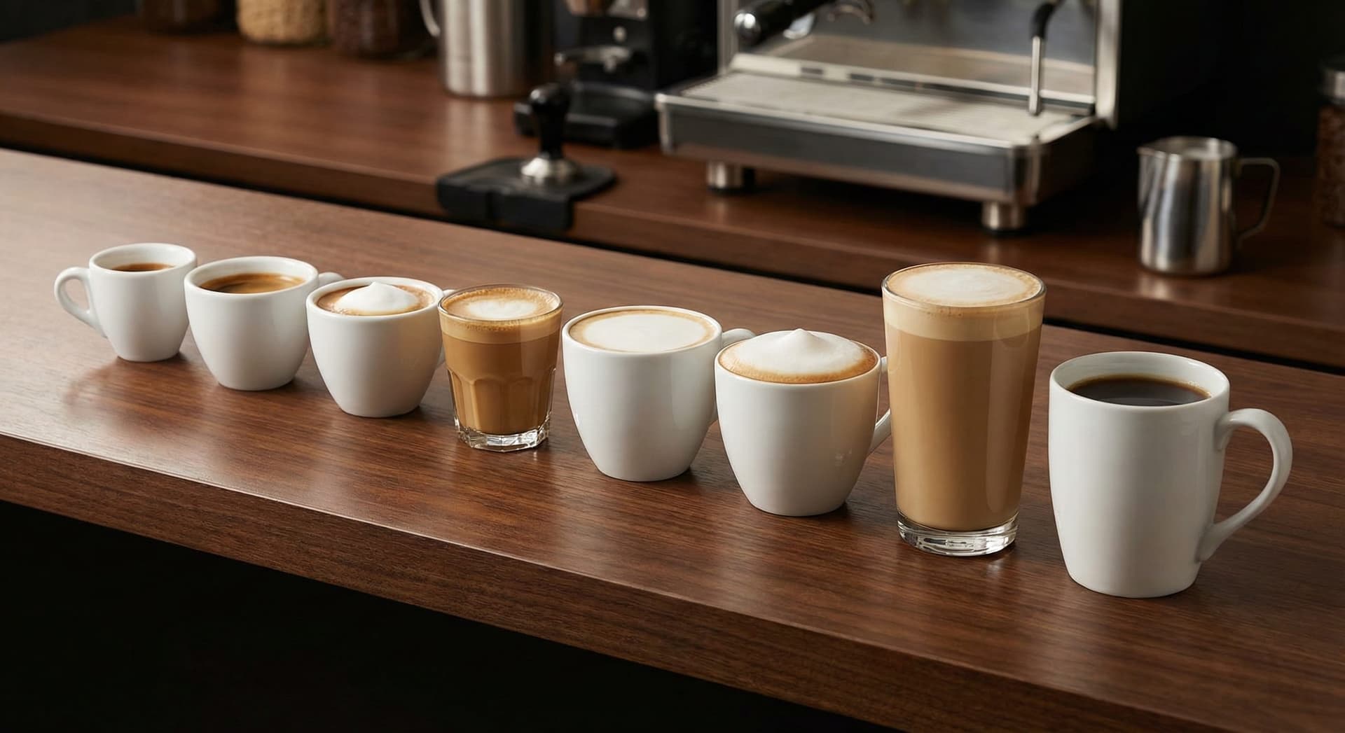 Professional lineup of eight espresso-based drinks in order from pure espresso to latte—ristretto, espresso, macchiato, cortado, flat white, cappuccino, latte, and americano—showing progressive milk-to-espresso ratios in matching white ceramic cups