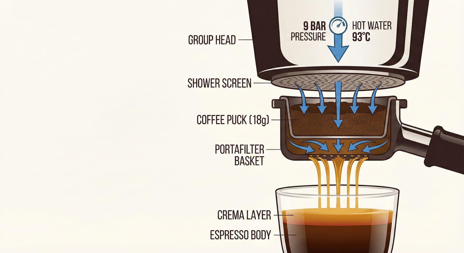 Labeled diagram of espresso extraction anatomy showing portafilter basket, coffee puck, group head, 9-bar pressure arrow, flow direction, and resulting crema layer—educational infographic for espresso beginners