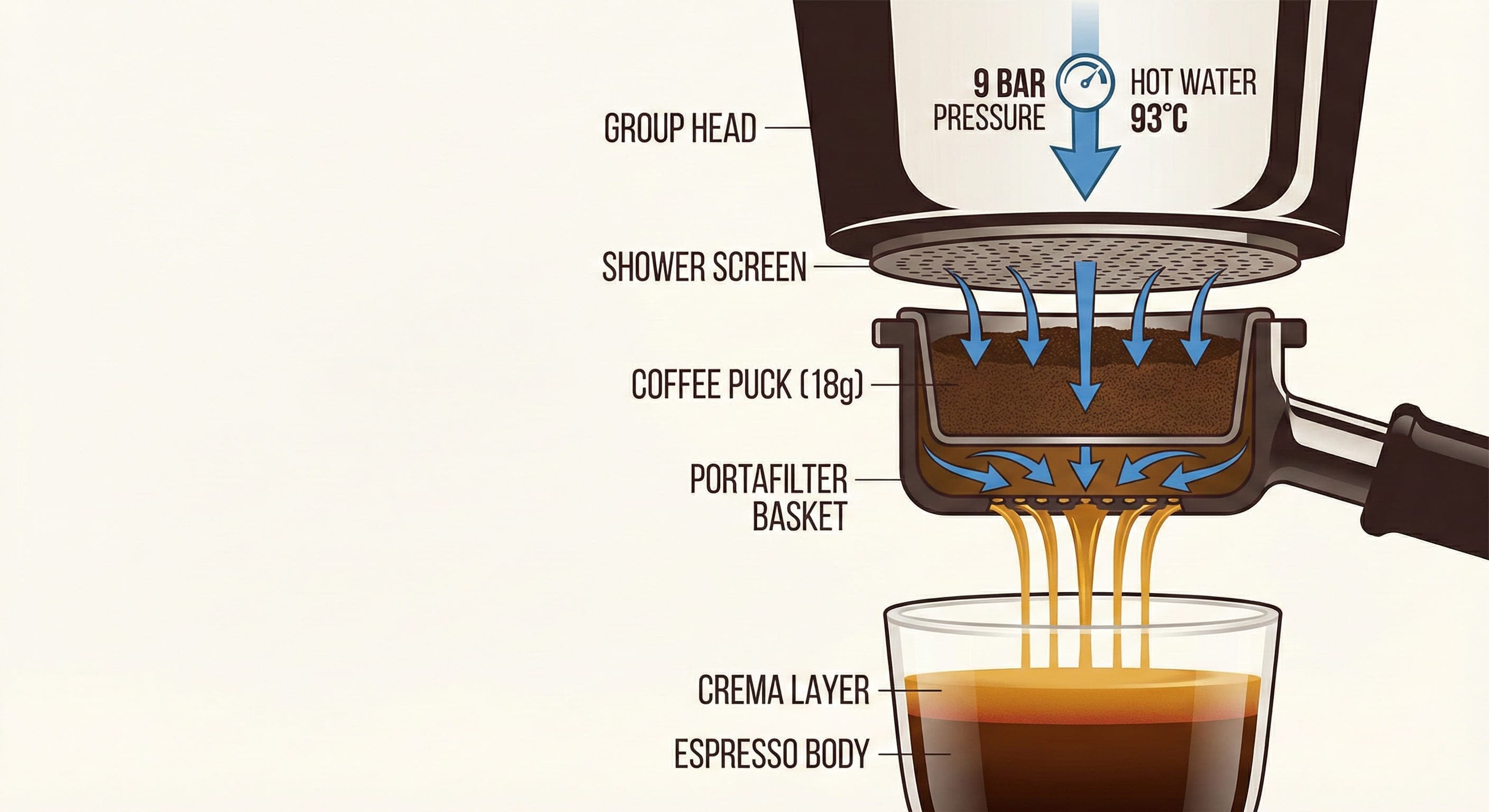 Labeled diagram of espresso extraction anatomy showing portafilter basket, coffee puck, group head, 9-bar pressure arrow, flow direction, and resulting crema layer—educational infographic for espresso beginners