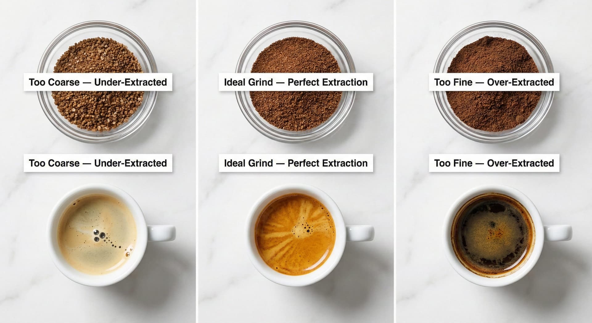 Side-by-side comparison of espresso grind sizes: too coarse (pale, fast-flowing shot), correct fine grind (rich golden crema, ideal extraction), and too fine (near-clogged portafilter with over-extracted dark shot)—visual guide for dialing in espresso