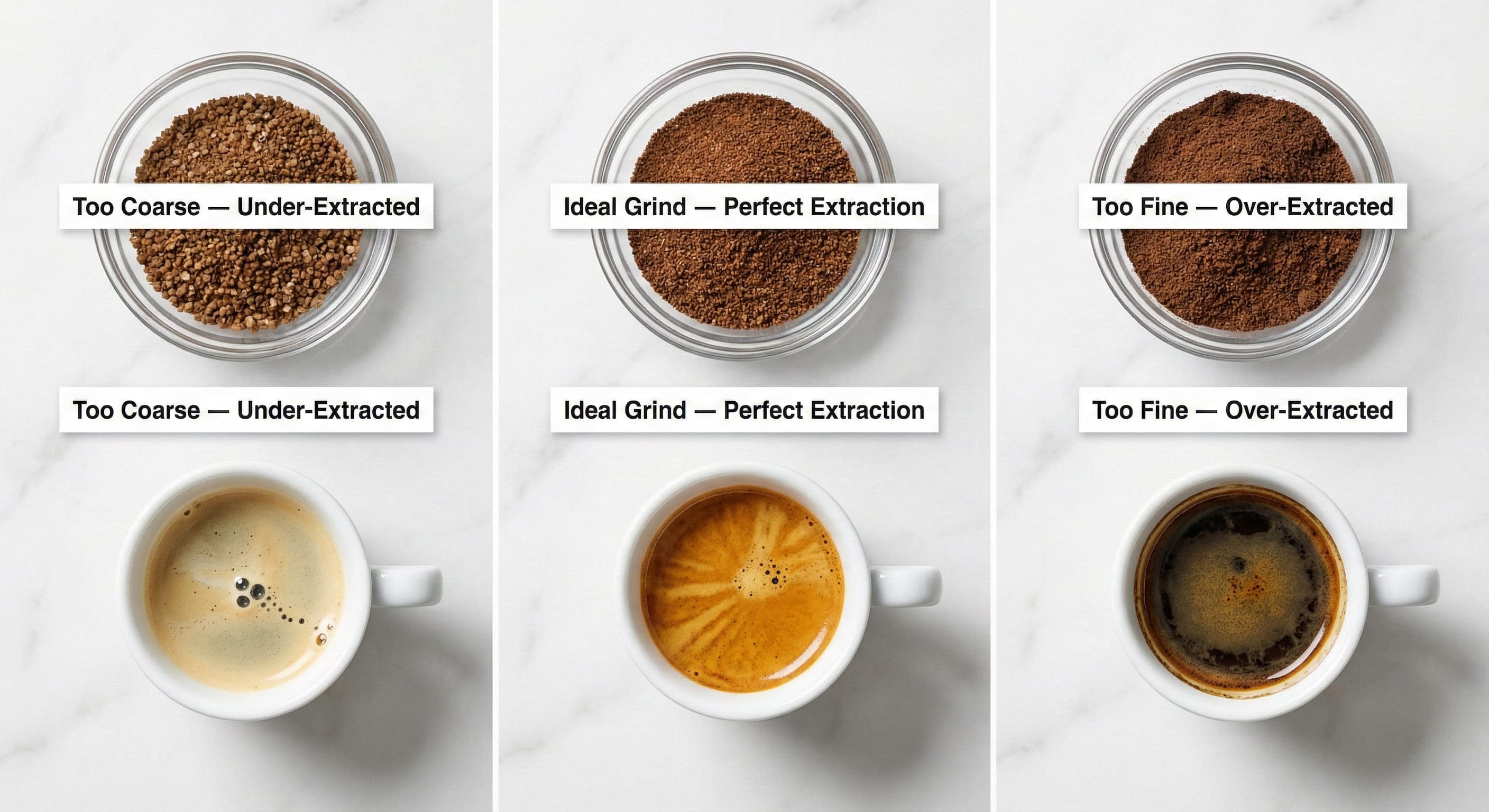 Side-by-side comparison of espresso grind sizes: too coarse (pale, fast-flowing shot), correct fine grind (rich golden crema, ideal extraction), and too fine (near-clogged portafilter with over-extracted dark shot)—visual guide for dialing in espresso