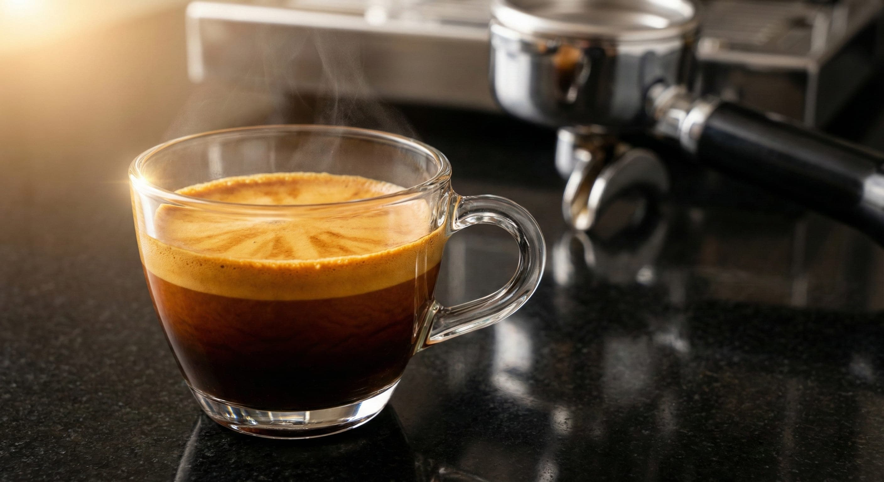 Perfectly pulled double espresso shot in clear glass showing rich golden crema layer, tiger-stripe pattern, and dark syrupy espresso body on a black marble counter—professional barista extraction