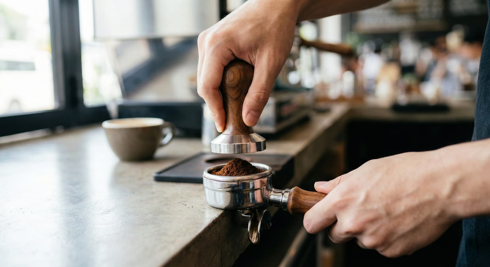 Barista hands demonstrating correct espresso tamping technique—level 30-pound tamp on 58mm portafilter with precision tamper, showing proper wrist alignment and even coffee puck compression for optimal extraction