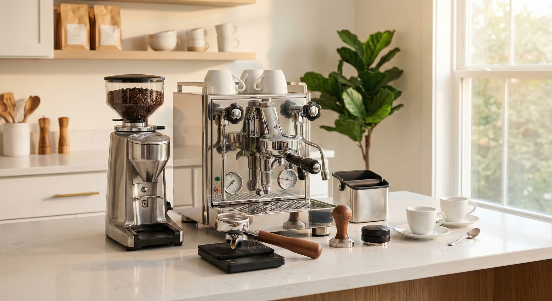 Well-organized home espresso setup on white marble counter: semi-automatic espresso machine, matching burr grinder, precision scale, calibrated tamper, distribution tool, knock box, and two white demitasse cups—complete beginner espresso station