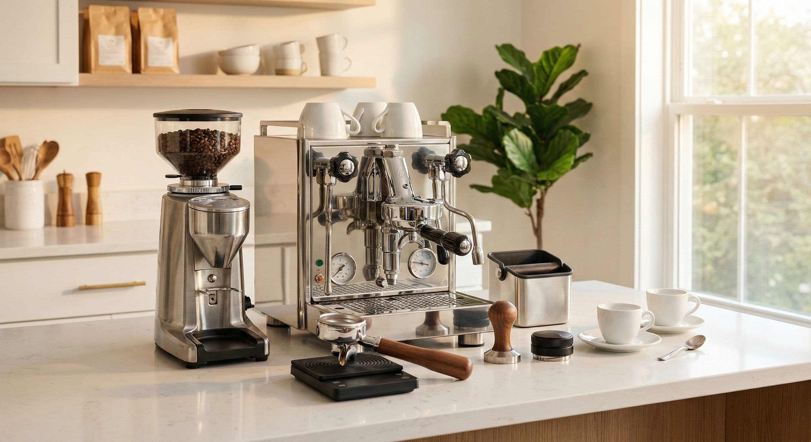 Well-organized home espresso setup on white marble counter: semi-automatic espresso machine, matching burr grinder, precision scale, calibrated tamper, distribution tool, knock box, and two white demitasse cups—complete beginner espresso station