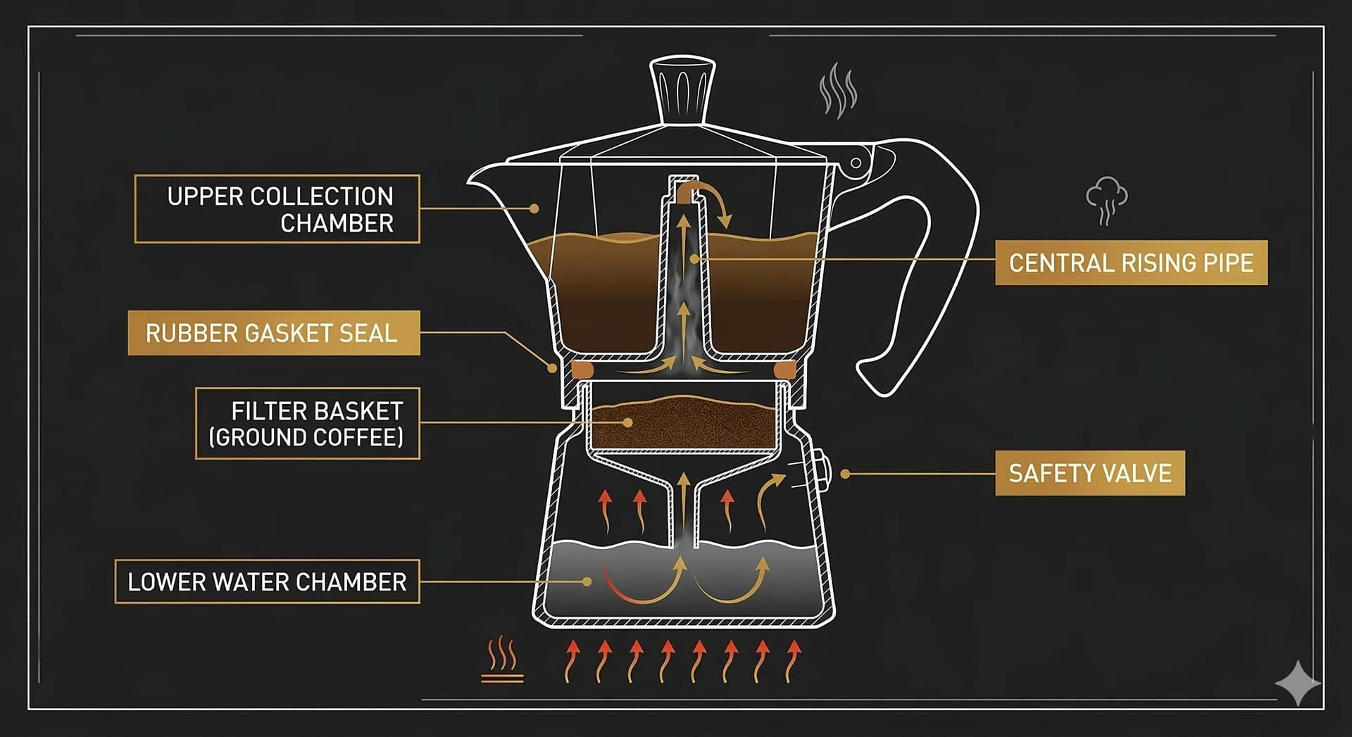 Cross-section diagram of a Bialetti Moka pot showing the lower water chamber, filter basket with coffee grounds, rubber gasket seal, safety valve, and upper collection chamber with rising pipe — stovetop espresso maker anatomy