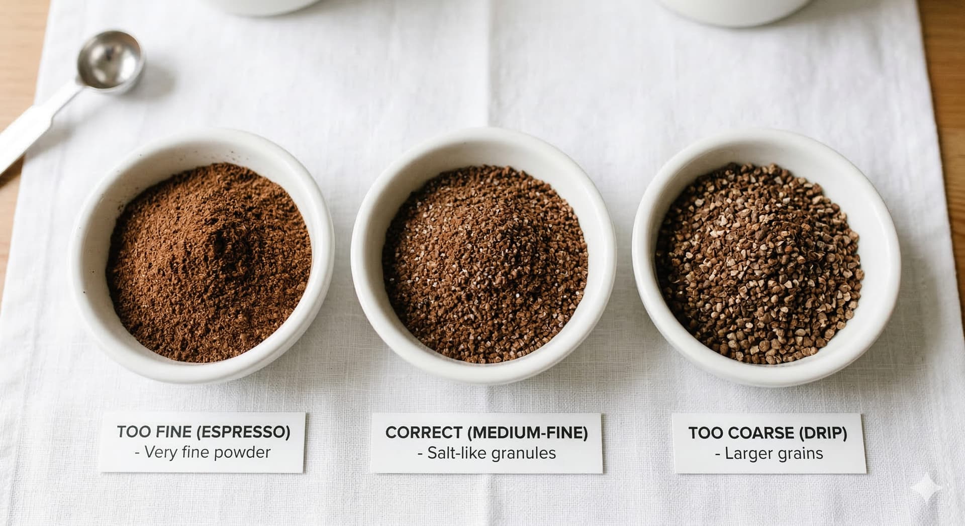 Three ceramic dishes showing moka pot grind size comparison: very fine espresso grounds on the left labelled Too Fine, correct medium-fine moka pot grounds in the centre, and coarser drip coffee grounds on the right labelled Too Coarse