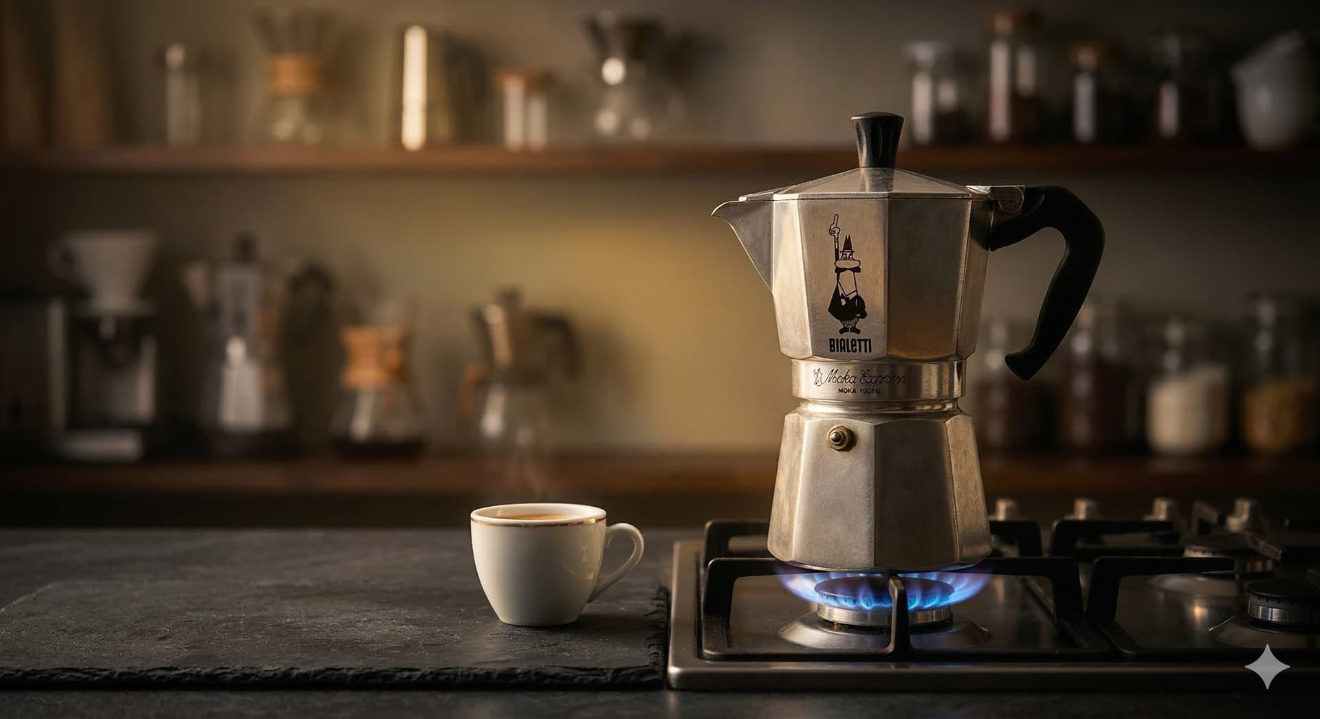 A classic Bialetti Moka Express stovetop espresso maker on a gas burner with a blue flame, beside a small espresso cup on a dark kitchen counter
