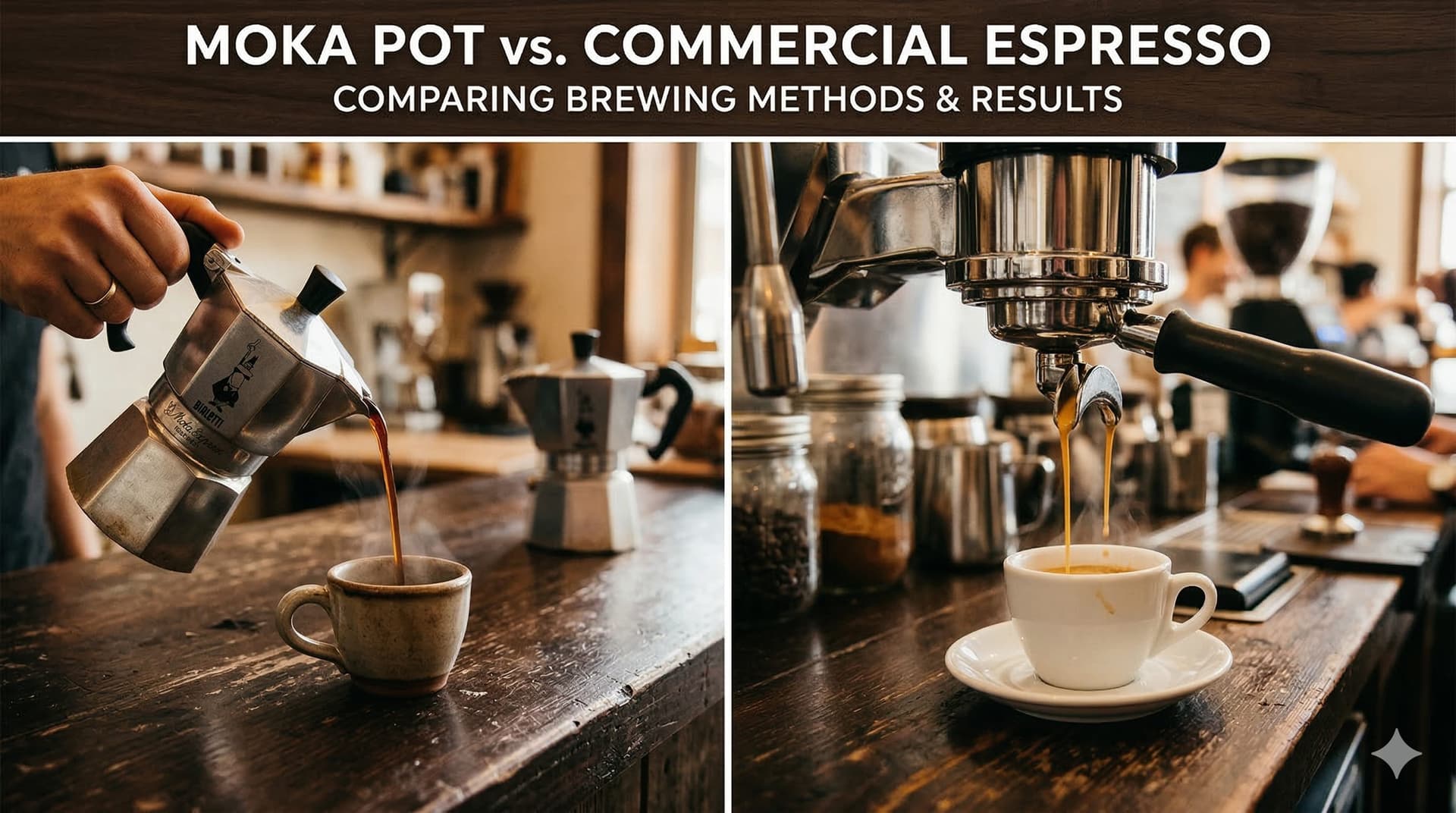 Side-by-side comparison showing a Bialetti Moka pot pouring dark coffee into a small ceramic cup on the left, and a professional espresso machine pulling a shot with golden crema on the right — moka pot vs espresso comparison