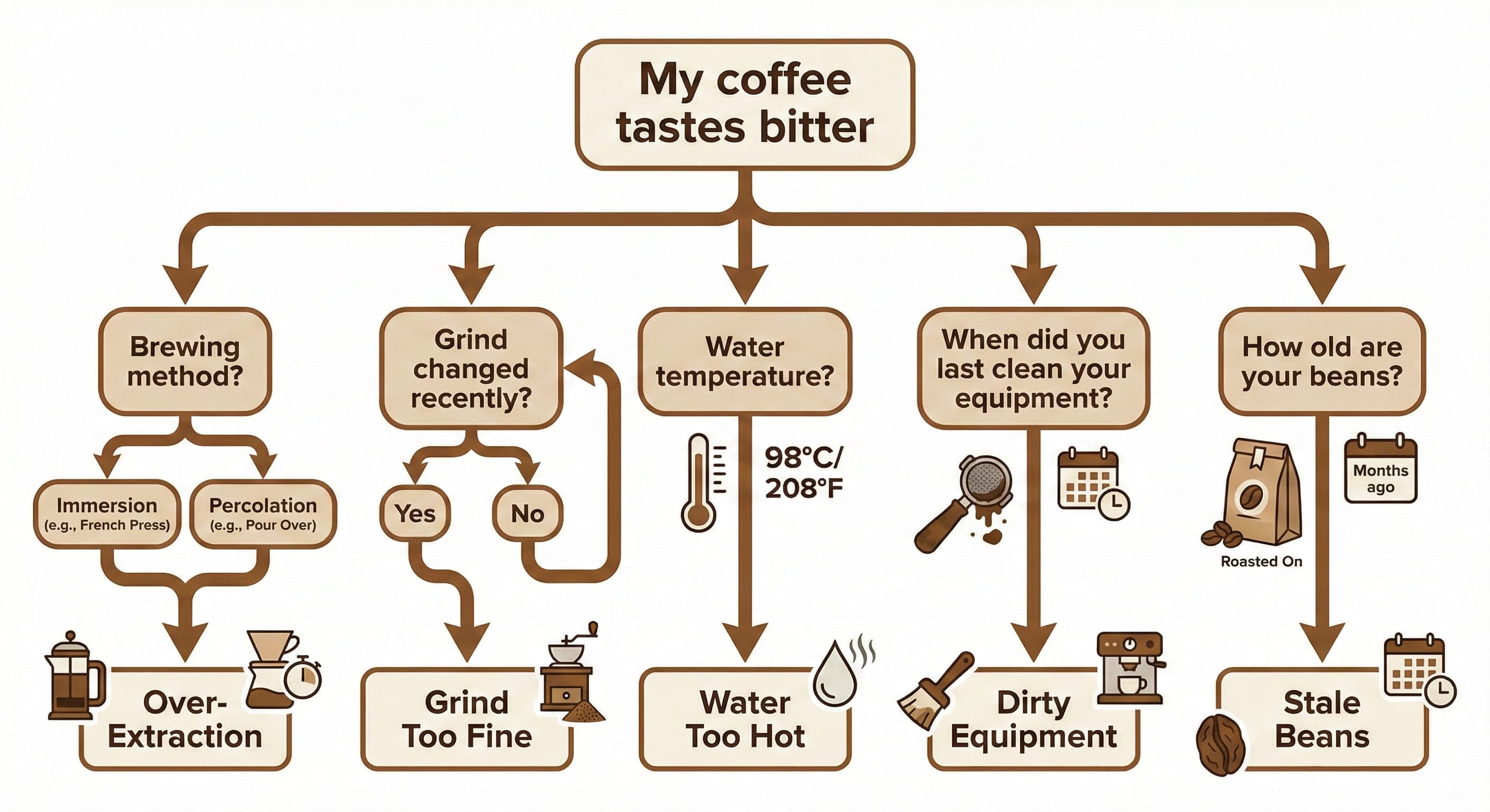 Flowchart for diagnosing bitter coffee causes: starting from 'My coffee tastes bitter' branching into grind size, water temperature, brew time, equipment cleanliness, and bean freshness diagnosis paths—coffee troubleshooting guide