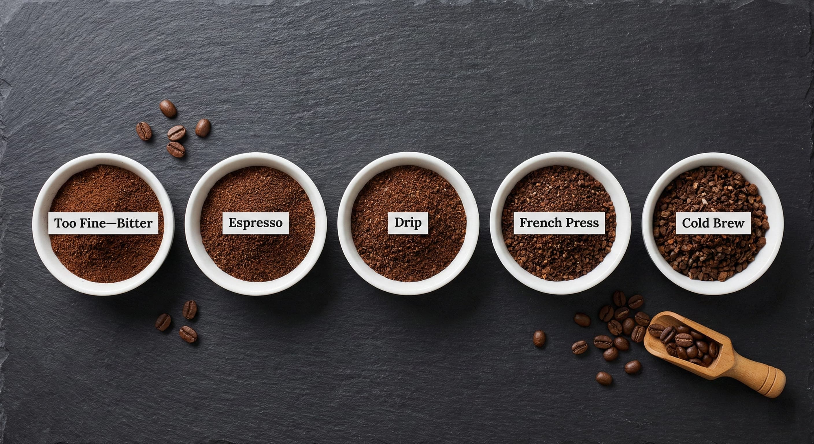 Five bowls showing coffee grind sizes from very fine to coarse: too fine causes bitter coffee, espresso grind for espresso machines, medium for drip coffee, coarse for French press, very coarse for cold brew—grind size impact on coffee extraction