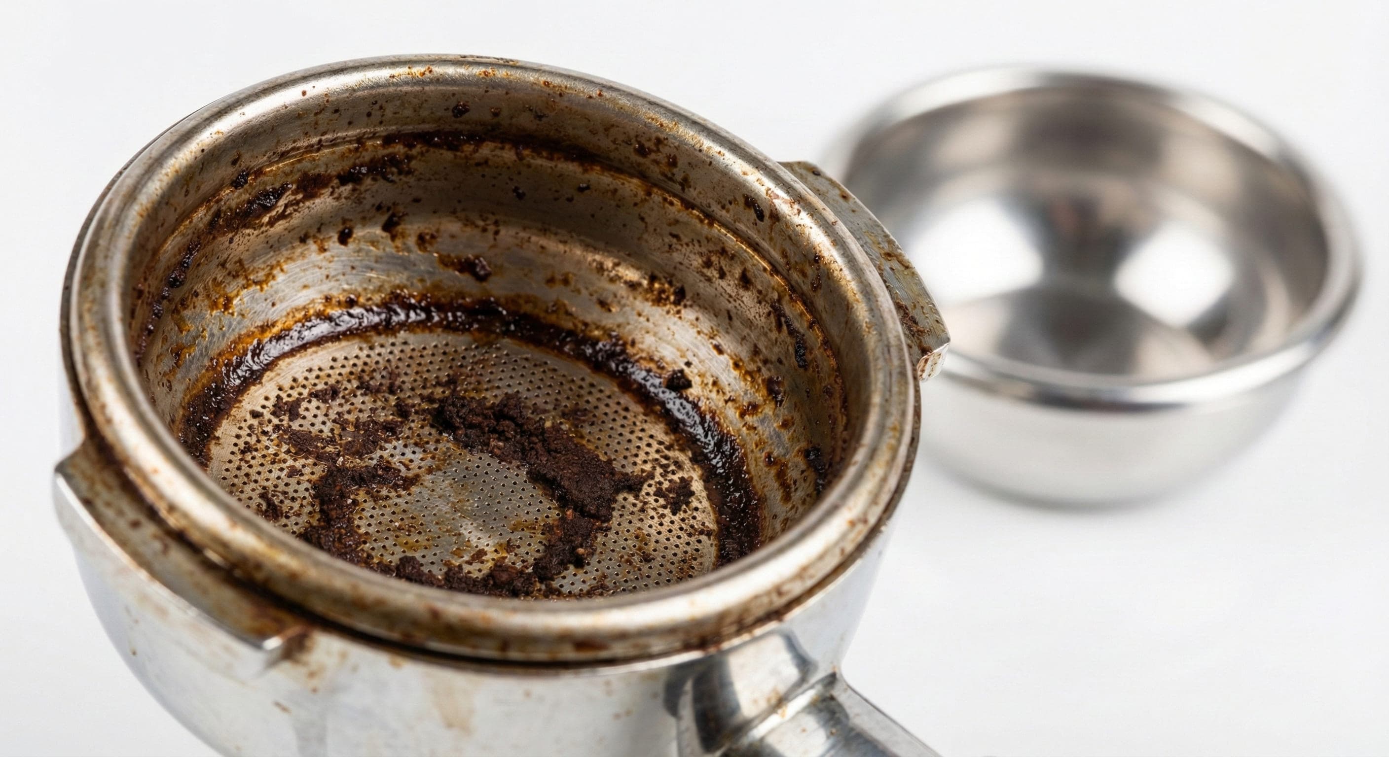Close-up of dirty espresso portafilter basket showing dark brown-black rancid coffee oil buildup coating the inside—accumulated coffee residue that causes bitter flavor contamination in every subsequent espresso shot