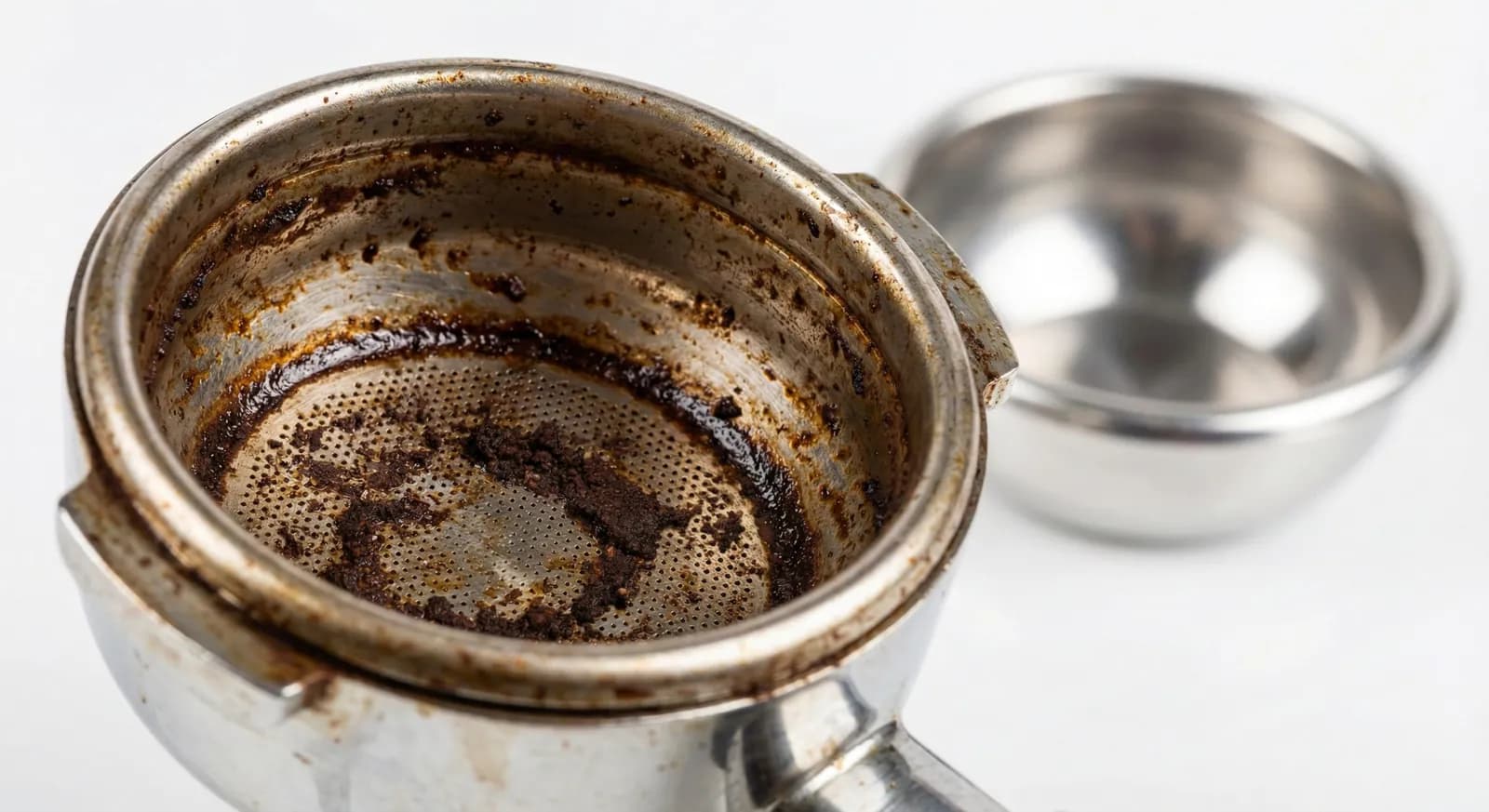 Close-up of a dirty portafilter basket stained with dark coffee oil residue
