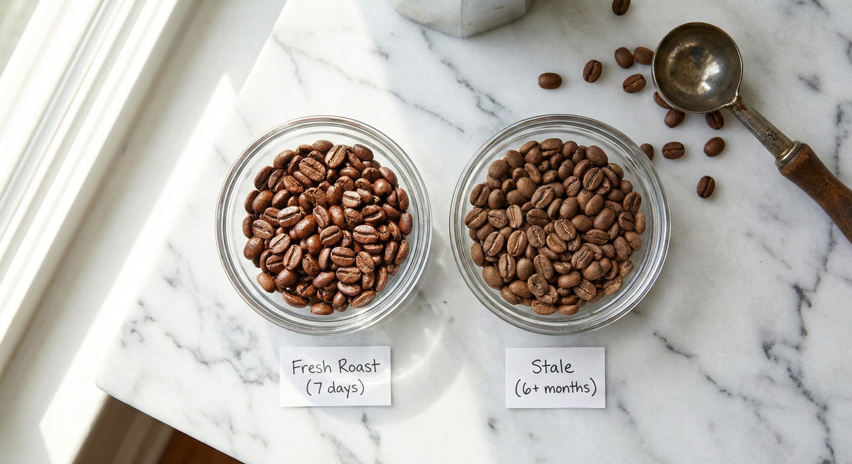 Side-by-side comparison of fresh coffee beans (glossy, rich brown, visible oil sheen, roasted 7 days ago) vs stale coffee beans (matte, dull, no oil sheen, 6+ months old)—visual guide to identifying fresh vs old coffee beans that affect bitter taste