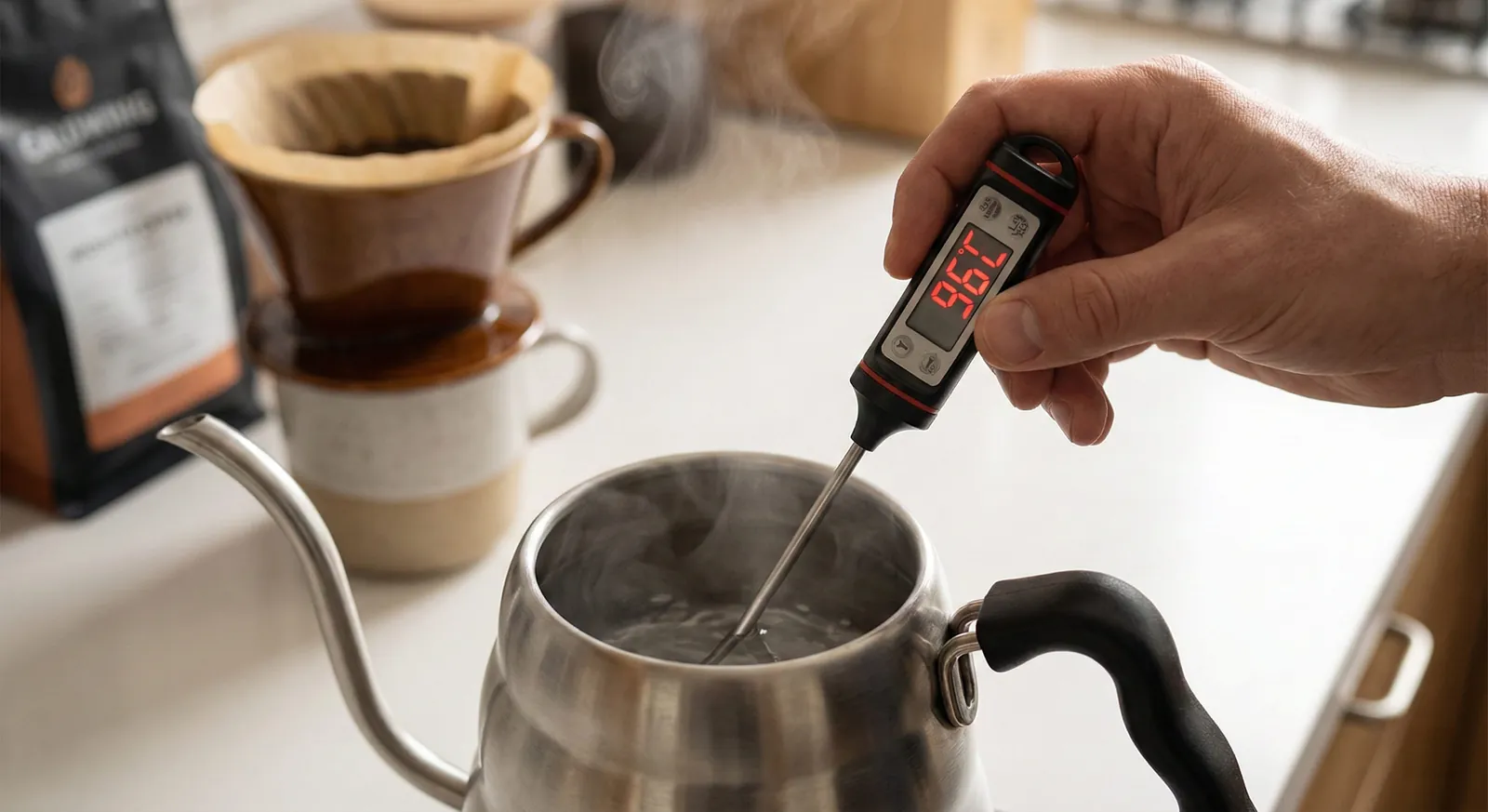 Digital thermometer reading 96°C in a gooseneck kettle—showing water temperature measurement for coffee brewing to avoid bitter extraction from overheated water