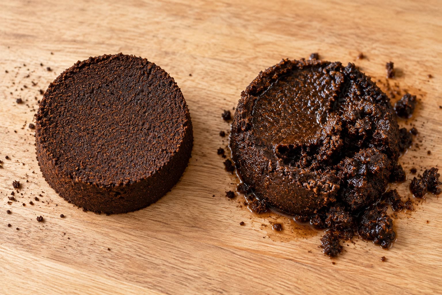 Side-by-side comparison of a dry, intact espresso puck next to a wet, soupy espresso puck that has collapsed after knockout