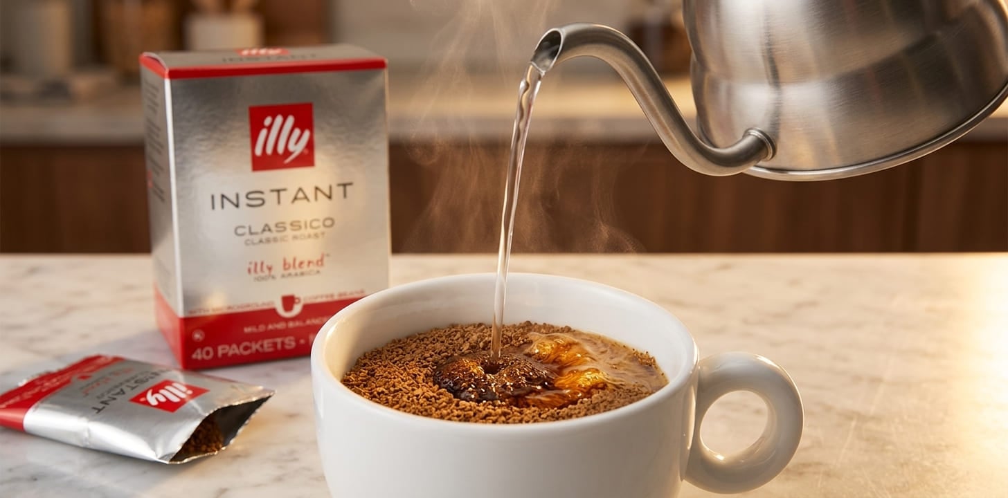 Espresso shot extraction from illy Classico beans showing golden-amber crema forming in white demitasse cup