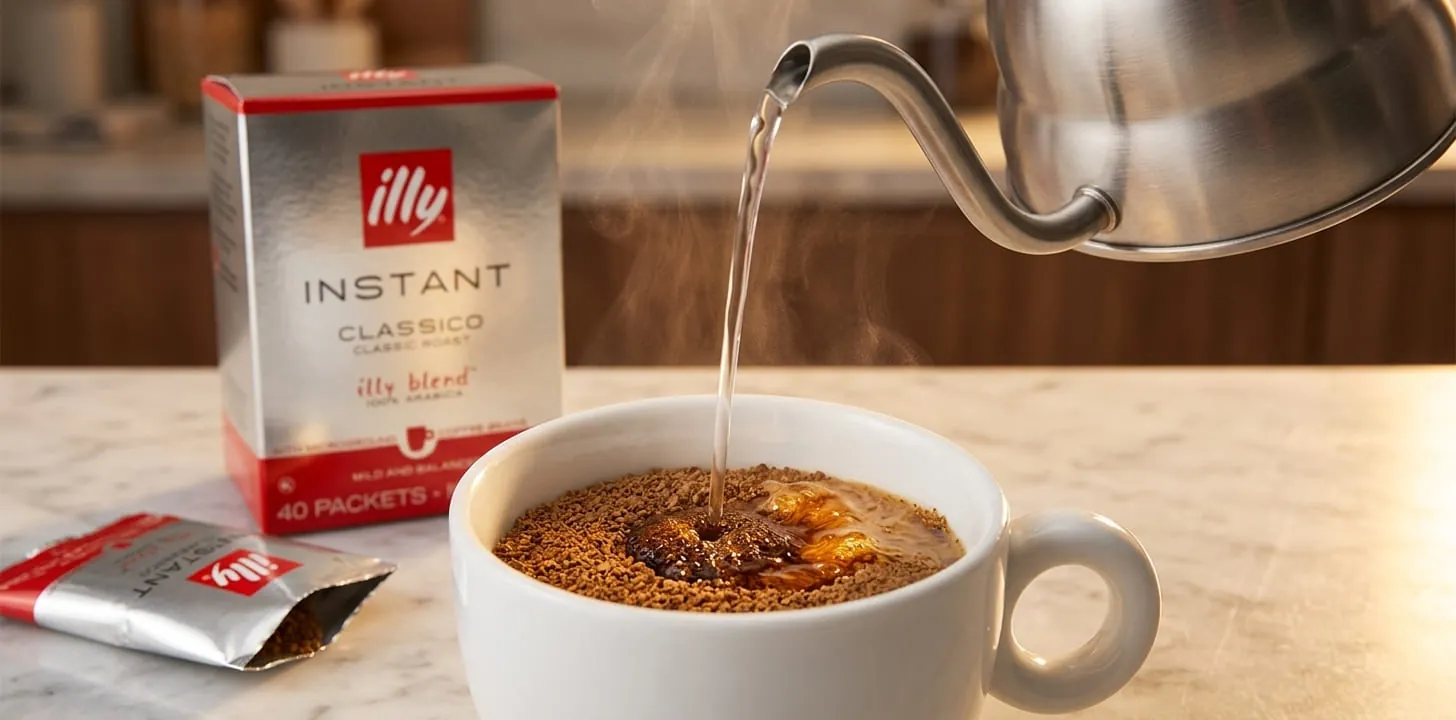 illy Classico espresso shot with golden-amber crema forming in a white demitasse cup