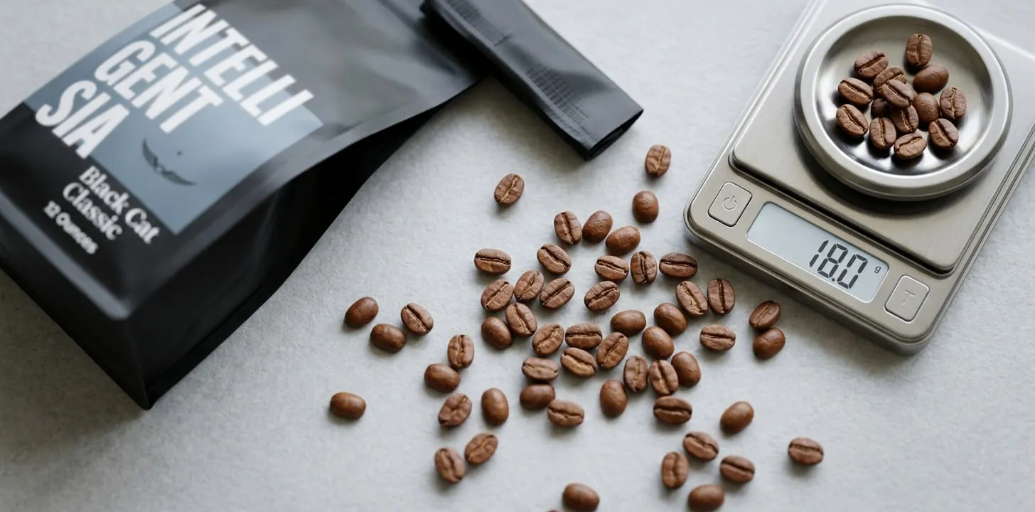 Intelligentsia Black Cat Classic medium roast beans in a close-up on slate next to a precision scale