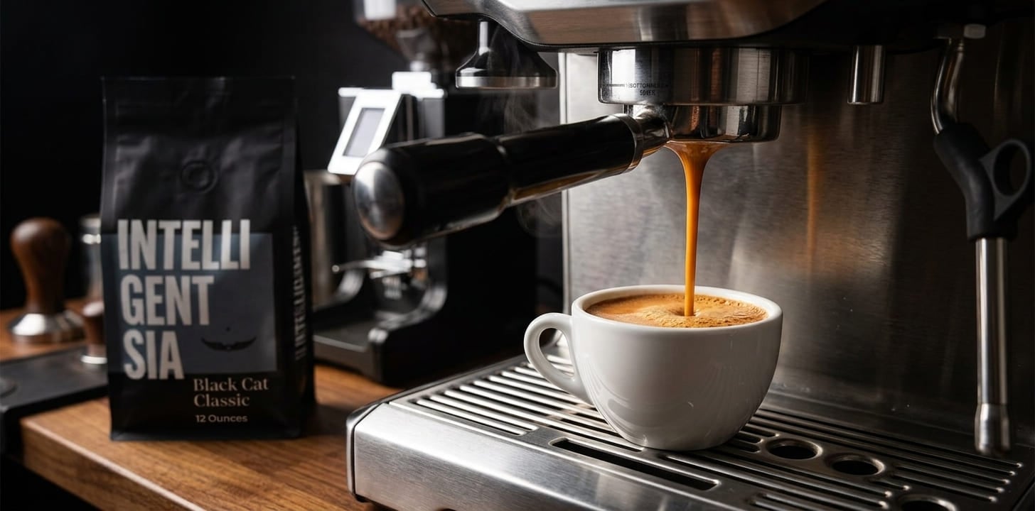 Espresso extraction from Intelligentsia Black Cat Classic beans through naked portafilter showing reddish-gold crema forming