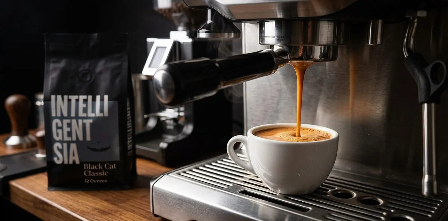 Intelligentsia Black Cat Classic espresso flowing from a naked portafilter with reddish-gold crema