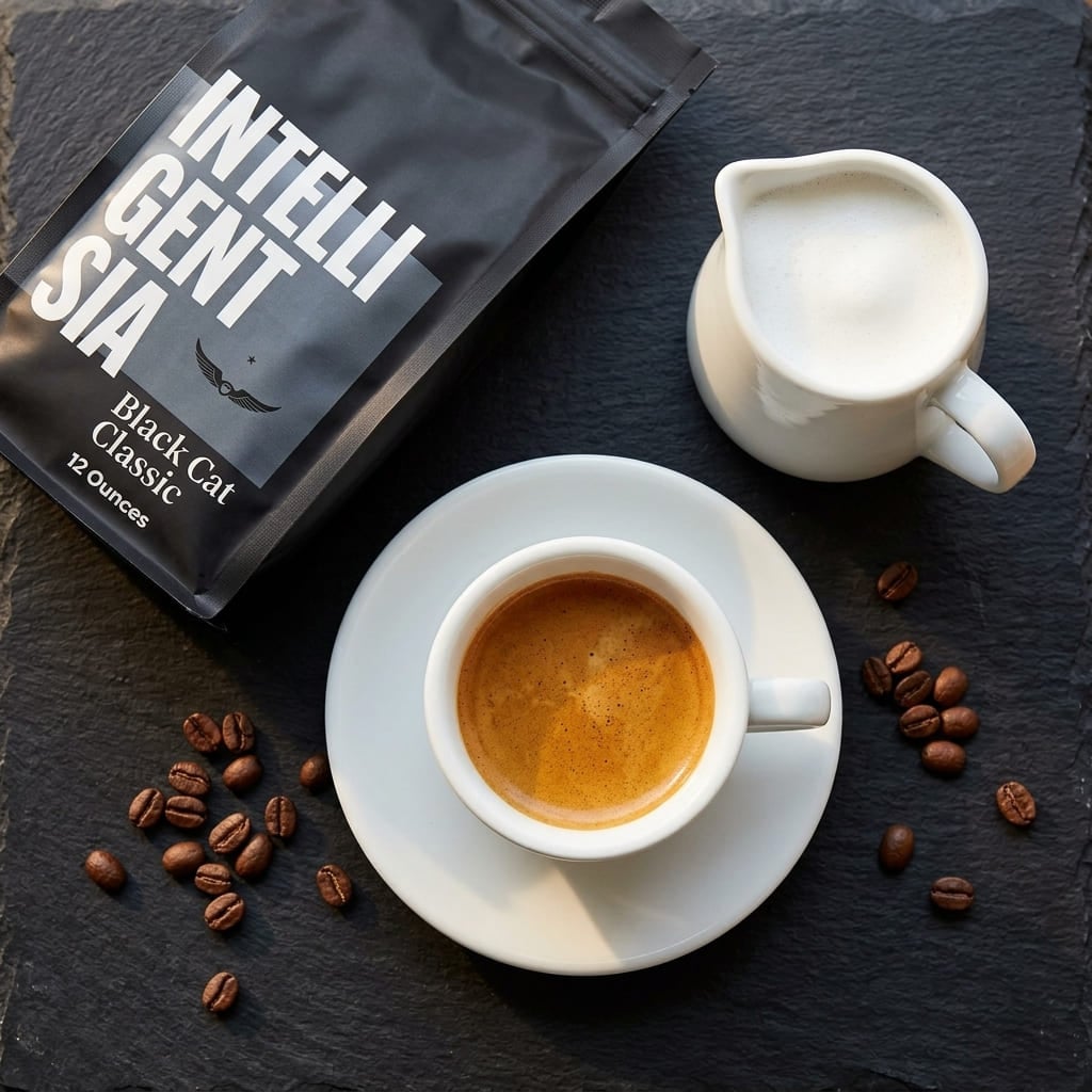 Intelligentsia Black Cat Classic espresso crema overhead view showing rich reddish-gold specialty blend crema in white demitasse cup