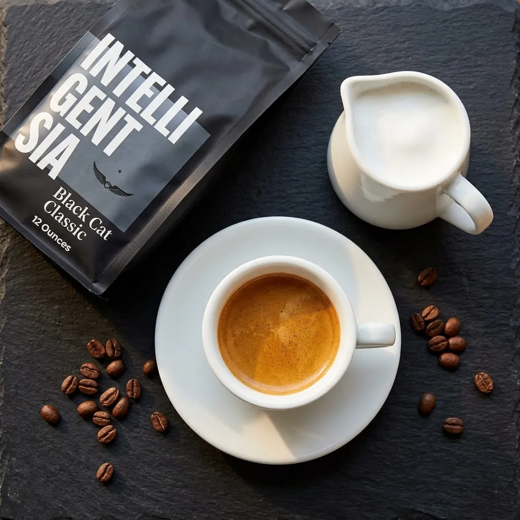 Intelligentsia Black Cat Classic espresso crema from overhead in a white demitasse cup