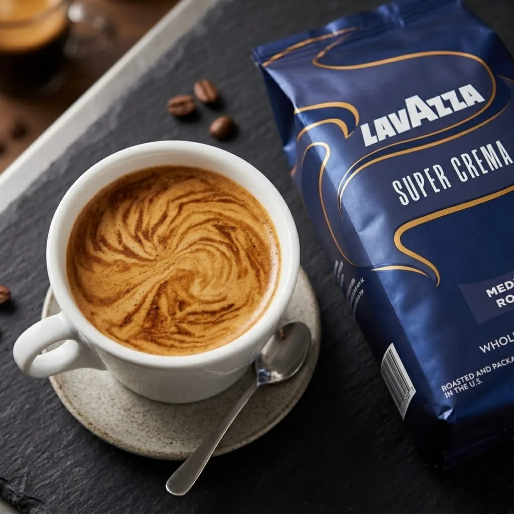 Lavazza Super Crema espresso from above showing a hazelnut tiger-stripe crema pattern in a white cup