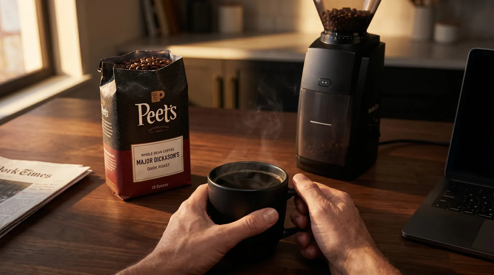 Peet's Dark Roast beside a black mug and coffee bag on a dark kitchen counter in morning light