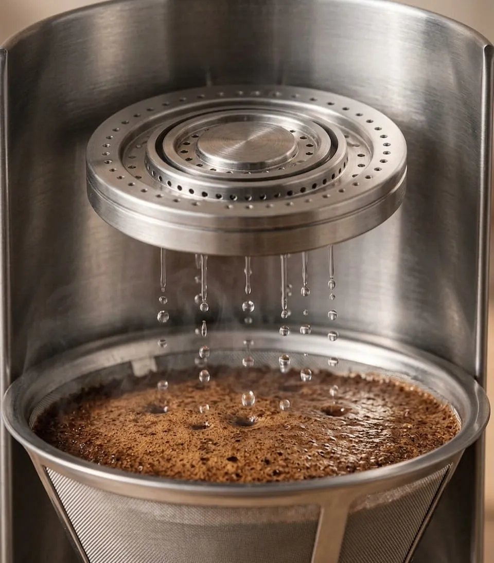 aarke Coffee Maker showerhead spreading water evenly over the flat-bottom filter basket