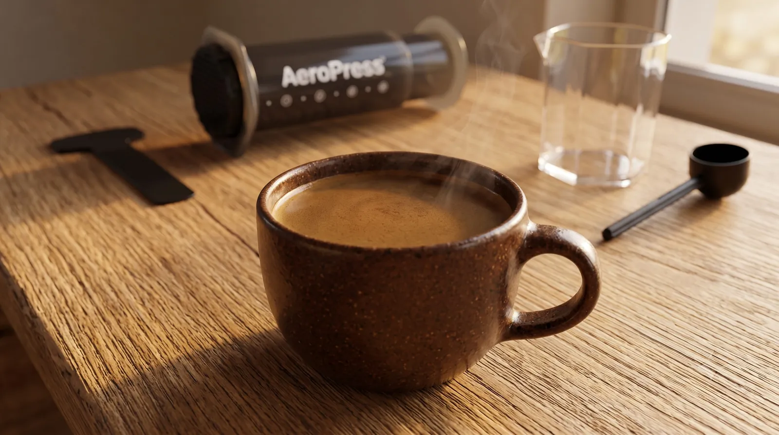 AeroPress Original finished cup of smooth brewed coffee in a ceramic mug on a table