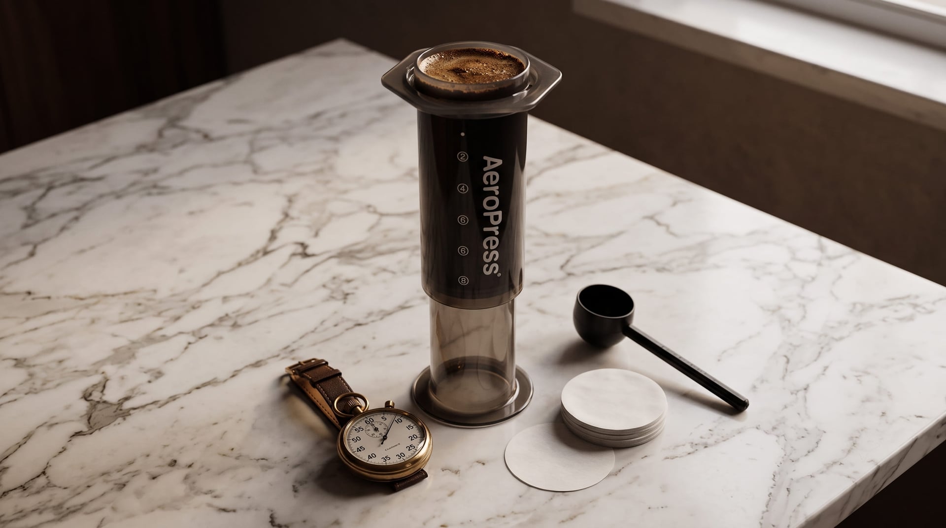 AeroPress inverted brewing method — chamber upside down on counter with coffee steeping before flipping and pressing