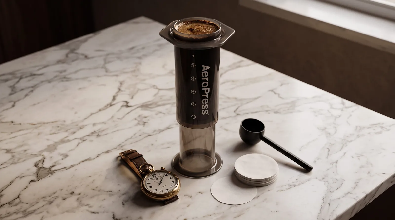 AeroPress Original in the inverted position on a counter while the coffee steeps before flipping