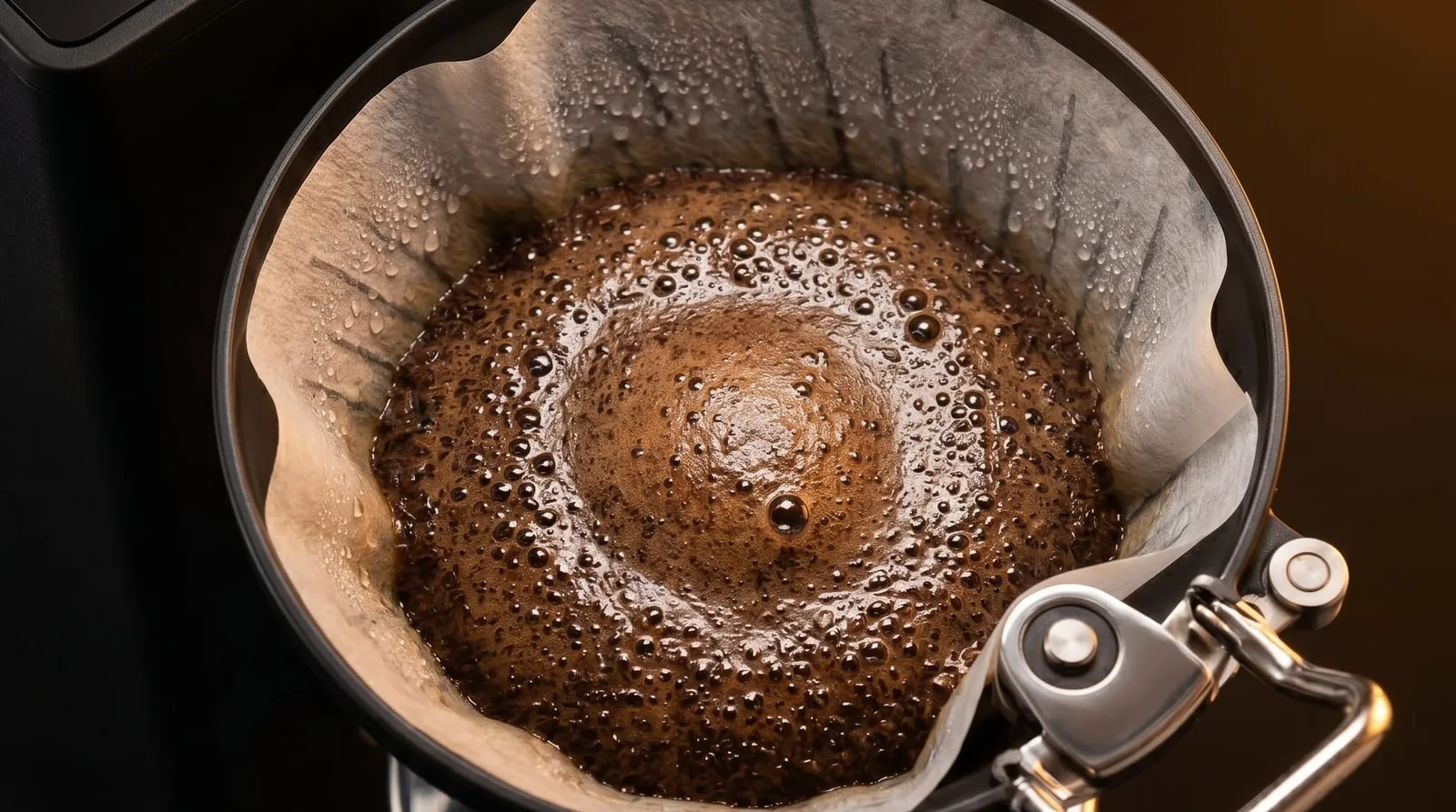 BALMUDA The Brew cone filter basket loaded with medium-ground coffee during the bloom phase